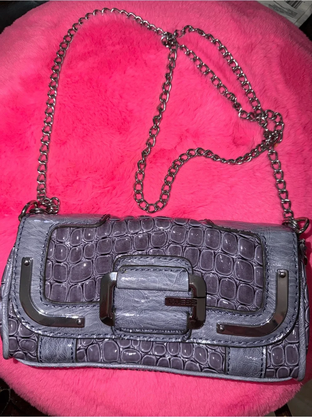 Vintage Guess Women’s Croc-Embossed Shoulder Bag in Lavender Gray